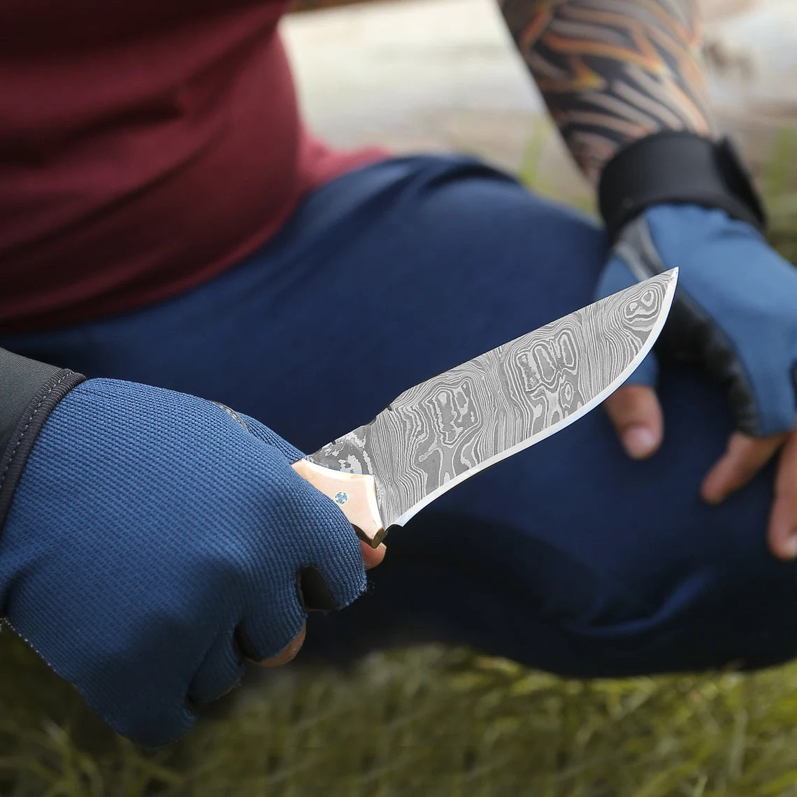 Custom Handmade Damascus Steel Hunting Knife with Epoxy Pearl Resin Ha – KBS  Knives Store