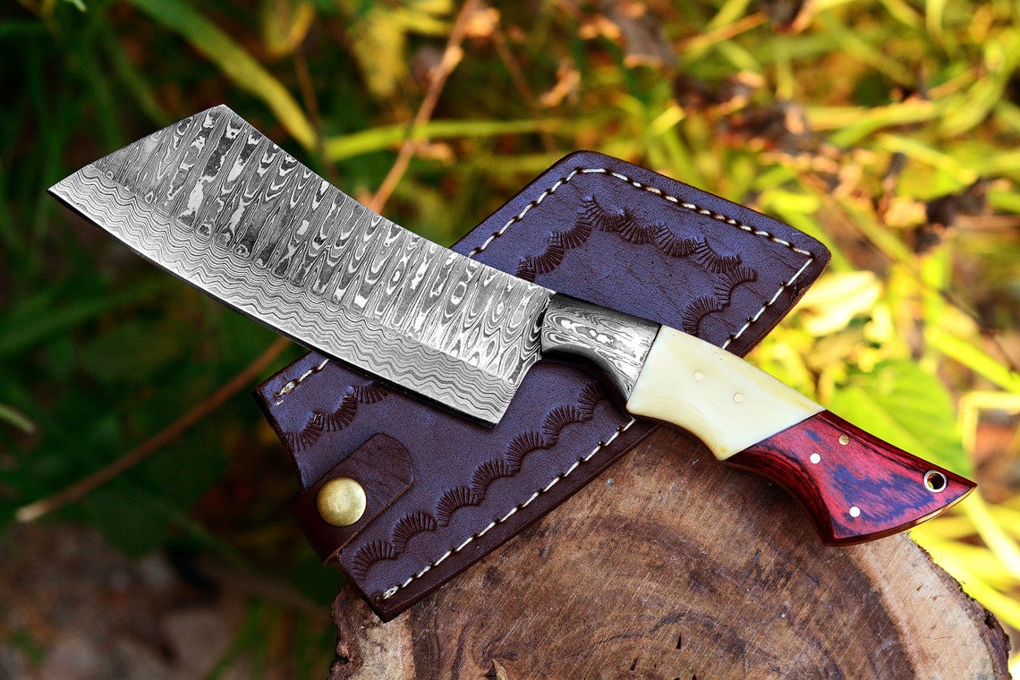 Cleaver Knife with Full Tang Damascus Steel Blade and Exotic Pakka Woo –  KBS Knives Store