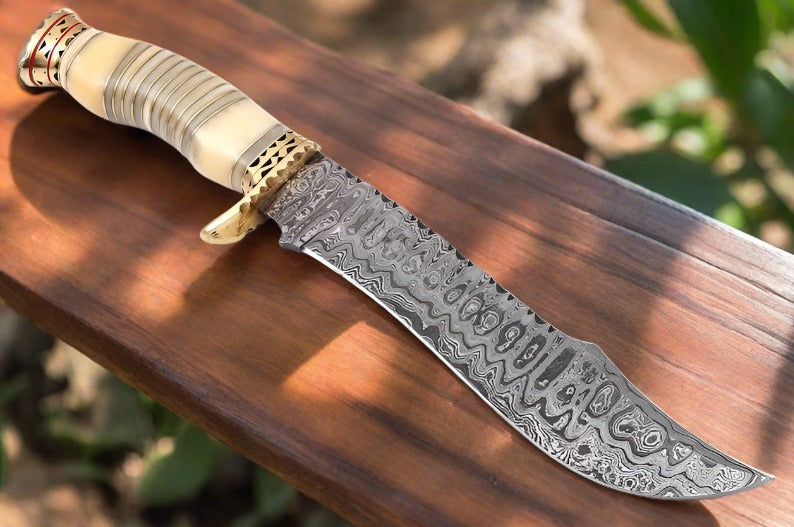 Custom Made Damascus Steel Chef Knife Camel Bone Handle Copper B 