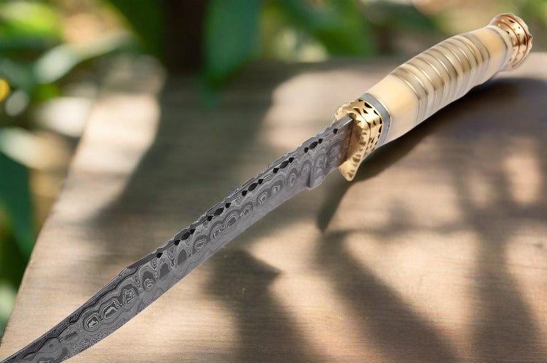 Custom Made Damascus Steel Chef Knife Camel Bone Handle Copper B 