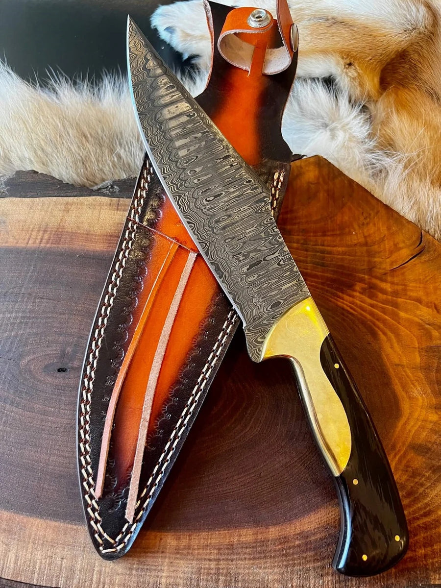 HTS-7 Damascus FEATHER Bowie // Custom // WENGE Wood Handle Amazing grains  // Damascus Fittings / Feather Forged Pattern // Camp // Hunting