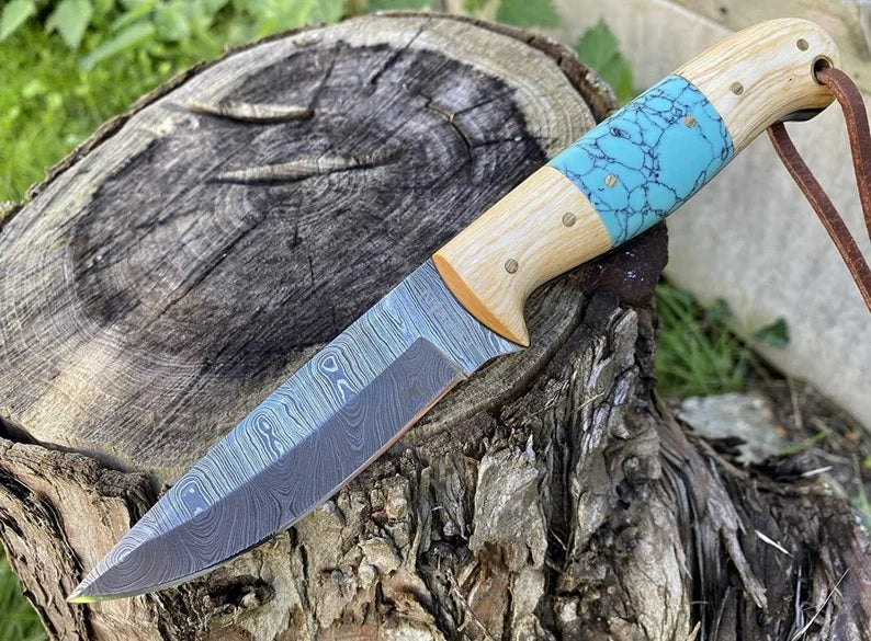 Handcrafted Damascus Hunting Knife with Olive Wood and Resin Handle by – KBS  Knives Store