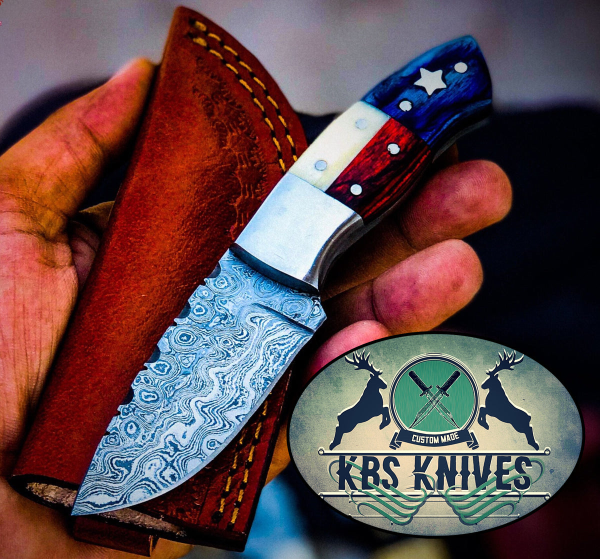 Texas Flag Handle Damascus Steel Fixed Blade cheapest Hunting Knife with Gut hook Blade