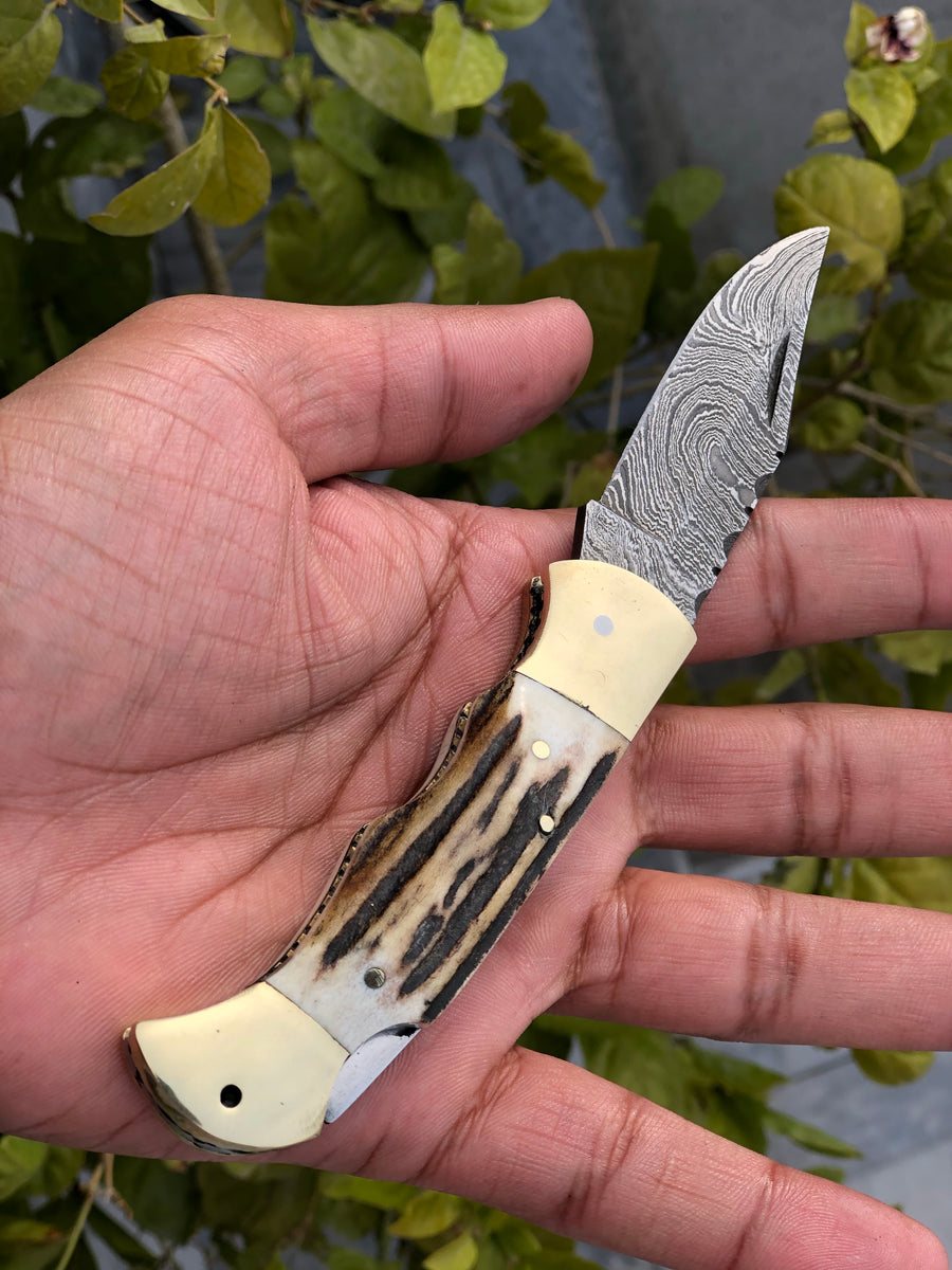 Custom Handmade Damascus Steel Folding Pocket Knife with Antler