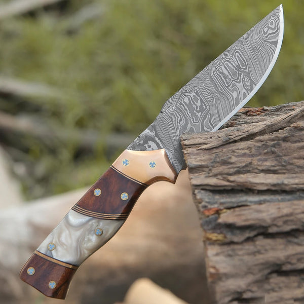Handmade Damascus Fixed Blade Knife with Rosewood Handle