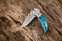 Custom Handmade Damascus Steel EDC Folding Pocket Knife with Exotic Wood Handle and Damascus Bolster, 3-Inch Blade, and Leather Case – Ideal Wedding Gift by KBS Knives