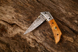 Hand Engraved Custom Damascus Steel Folding Pocket Knife with Olive Wood Handle and Leather Case