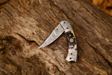 Custom Handmade Damascus Steel EDC Folding Pocket Knife with Sheep Horn Handle and Leather Case