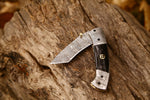 New Custom Handmade Damascus Steel Tanto Blade EDC Folding Pocket Knife with Buffalo Horn Handle and Leather Case