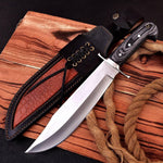 Wild Frontier: Hunting Bowie Knife with D2 Steel Blade, Exotic Wood Handle, Steel Guard, and Leather Sheath