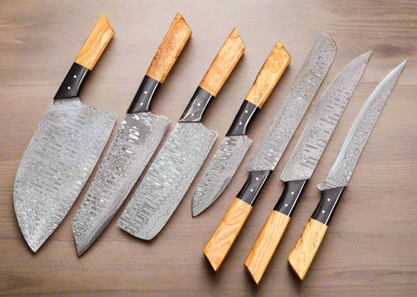 Custom Handmade 7-Piece Kitchen Knives Set with full tang Damascus steel blades, Olive Wood and Buffalo Horn handles, and leather roll. Perfect for professional and home kitchens.