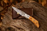 Damascus Steel EDC Knife with Olive Wood Handle and Hand-Engraved Steel Bolster, Ideal Wedding Gift