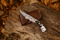 3-Inch Damascus Steel Blade Folding Pocket Knife with Sheep Horn Handle and Damascus Bolsters