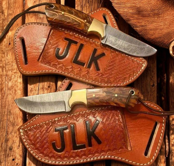 Ranch Cowboy Knives and Sheaths Damascus Steel Pine Cone Handle

