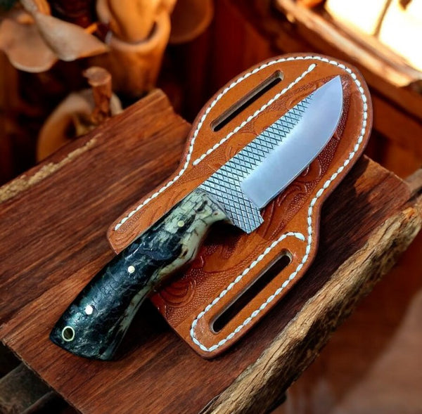 Fixed Blade Cowboy Knife - Handmade Rasp Steel & Sheep Horn Handle