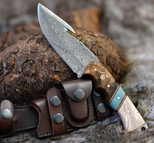 Custom Made Damascus Steel Fixed Blades Gut Hook Deer Hunting and Skinner knives  set - WKN Hunting Gears