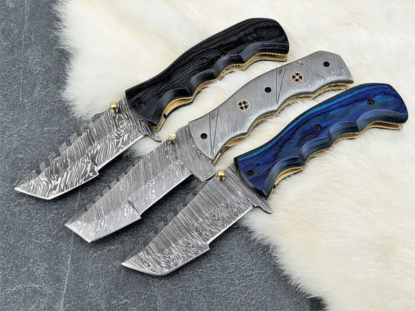 Set of 3 tactical folding pocket knives with unique handle designs
