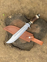 Highland Hunter: Custom Handmade Hunting Bowie Knife with D2 Steel Blade, Antler Horn Handle, Steel Guard, and Leather Sheath