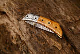 Unique Damascus Steel EDC Folding Knife with Olive Wood Handle, 3-Inch Blade, and Leather Case for Groomsmen