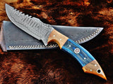 Handmade Damascus blade knife with olivewood handle and leather sheath
