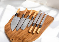 Custom handmade Damascus knife set with olivewood handles