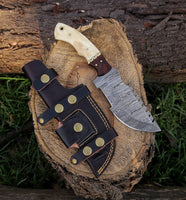 Custom handmade tracker knife with Damascus steel blade and bone/rosewood handle
