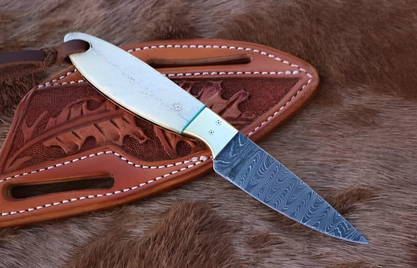 Lone Star Cowboy Belt Knife with Damascus steel blade and bone handle
