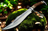 Close-up of Bowie Knife With Antler Handles and D2 Steel Blade
