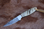 Buckaroo Horn Damascus Knife with 6.25-inch handmade Damascus steel blade and sheep horn handle.
