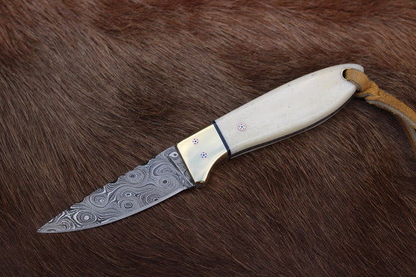 Cowboy Buckaroo Knife Damascus Steel Blade and Deer Bone Handle