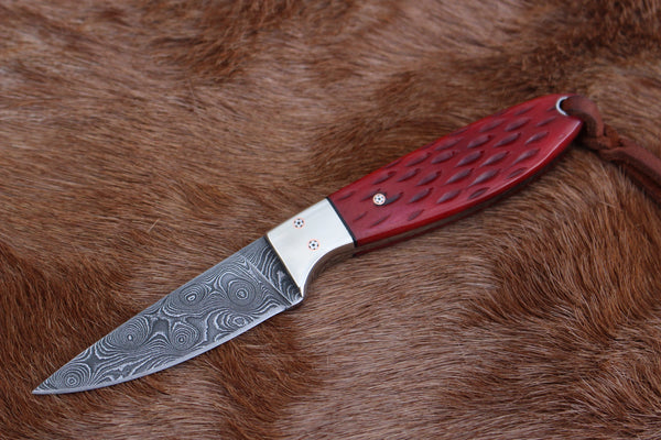 Buckaroo Waist Knife Damascus Steel Blade and Colored Bone Handle