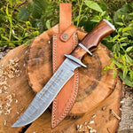 Damascus Steel Blade Custom Handcrafted Hunting Bowie Knife with Rosewood Handle and Leather Sheath