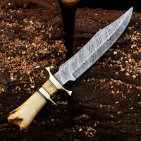 Custom Handcrafted 15-Inch Hunting Bowie Knife with Twist Pattern Blade and Leather Sheath