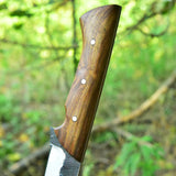 Camping survival knife with a full tang rosewood handle and leather sheath for everyday use.