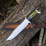 Artisan's Edge: Custom Handmade Hunting Bowie Knife with D2 Steel Blade, Green and Blue Exotic Wood, Antler Horn Handle, Brass Guard, and Leather Sheath