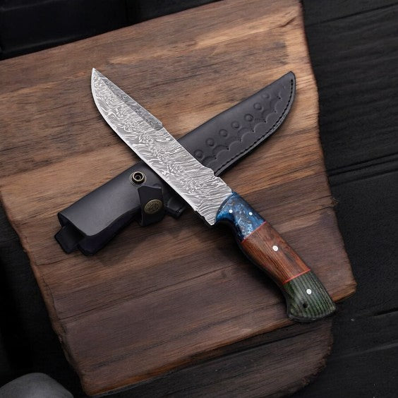 Custom Handmade Boar Hunter Knife – Damascus Steel & Leather Sheath