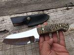 Custom D2 steel hunting knife with mountain sheep horn handle and leather sheath
