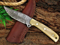 Custom Handmade Damascus skinning knife with bone handle, 8.25 inches.
