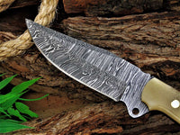 Great skinning knife with custom Damascus steel blade and bone handle, Rockwell Hardness 55-58 HRC.
