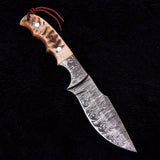 Essential deer skinning knife with a 9-inch Damascus blade, sheep horn handle, and leather sheath.