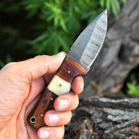 EDC Custom Handmade Damascus Steel skinning knife with rosewood and bone handle, 6.25 inches.
