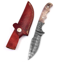 Good skinning knife with 8.25-inch Damascus blade and colored bone handle, ideal for deer skinning.
