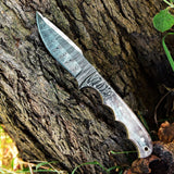 Custom Handmade Damascus skinning knife with colored bone handle, 8.25-inch.
