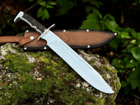 Custom handmade stag handle bowie knife with blood groove and steel guard
