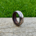 Unique pattern Damascus Steel Vow Renewal Ring with Copper Lines and RoseWood Inlay and ring box