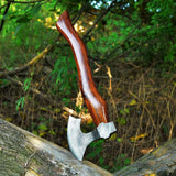 Close-up of Damascus Steel Blade on "Rosewood Legend" Tomahawk Axe
