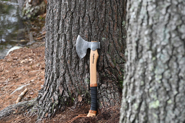 Viking Axe with custom handmade forged 1095 steel blade and ash wood leather-wrapped handle
