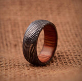 Unique pattern Damascus Steel Anniversary Ring with Wooden Inlay and ring box