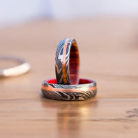 Unique pattern Damascus Steel Unity Ceremony Ring with Brass Line and Wood Inlay and ring box