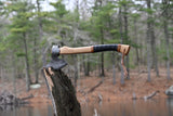 Viking Axe displayed with its leather sheath for protection and portability
